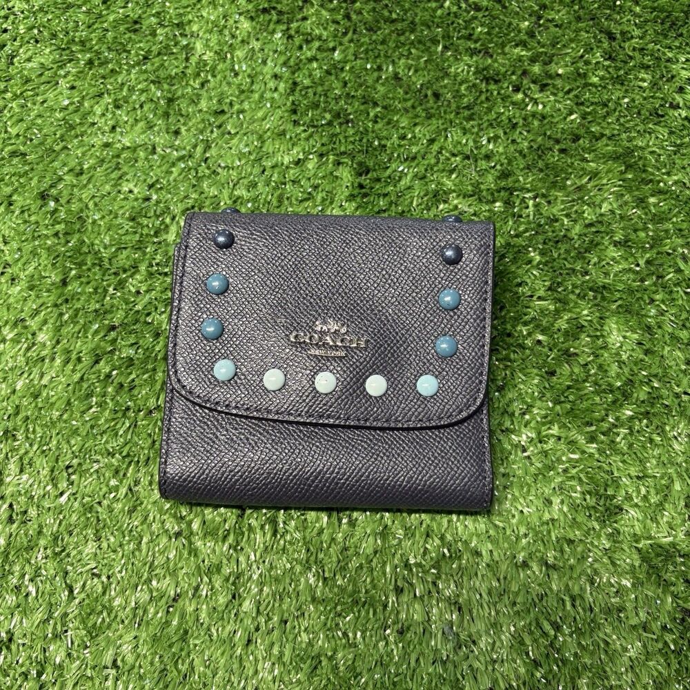 Coach Small Tri Fold Wallet with Rainbow Rivets in Midnight Navy Blue Womens
